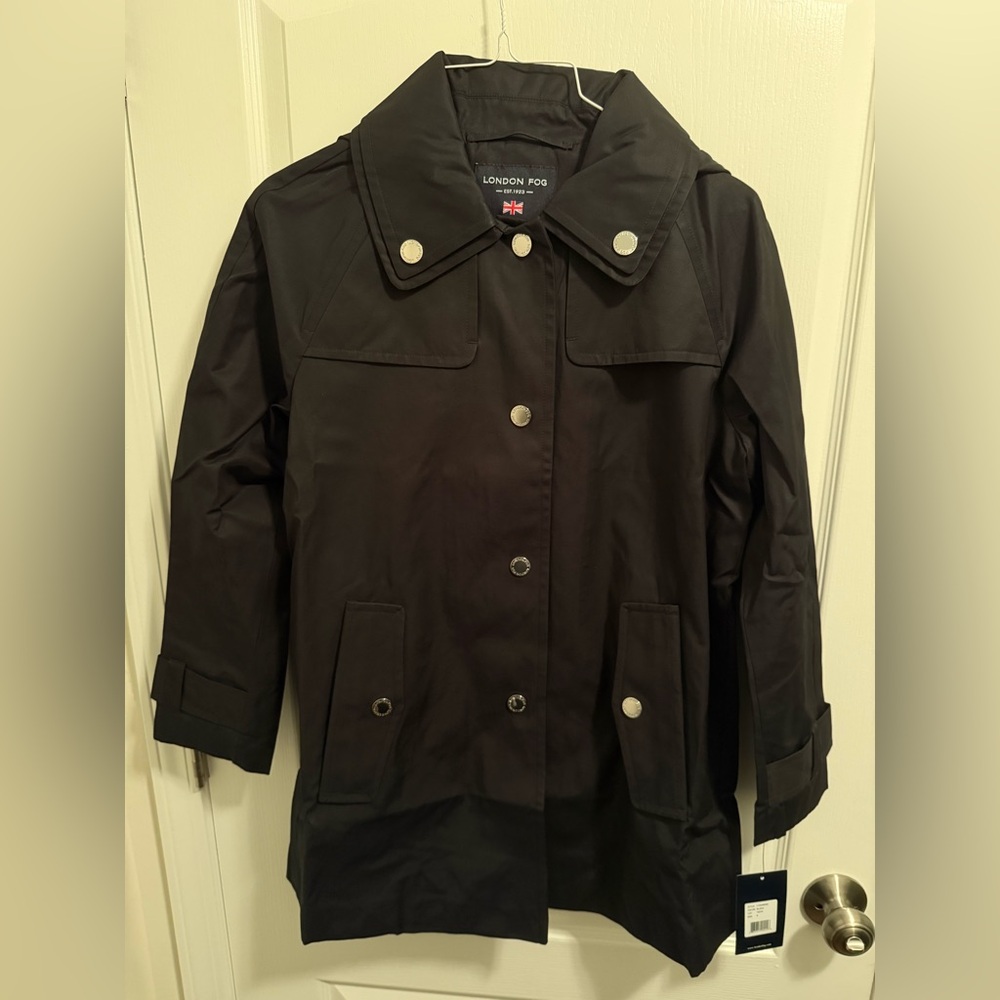 London Fog Women's Black Double Collar Rain Coat with Detachable Hood - Size S